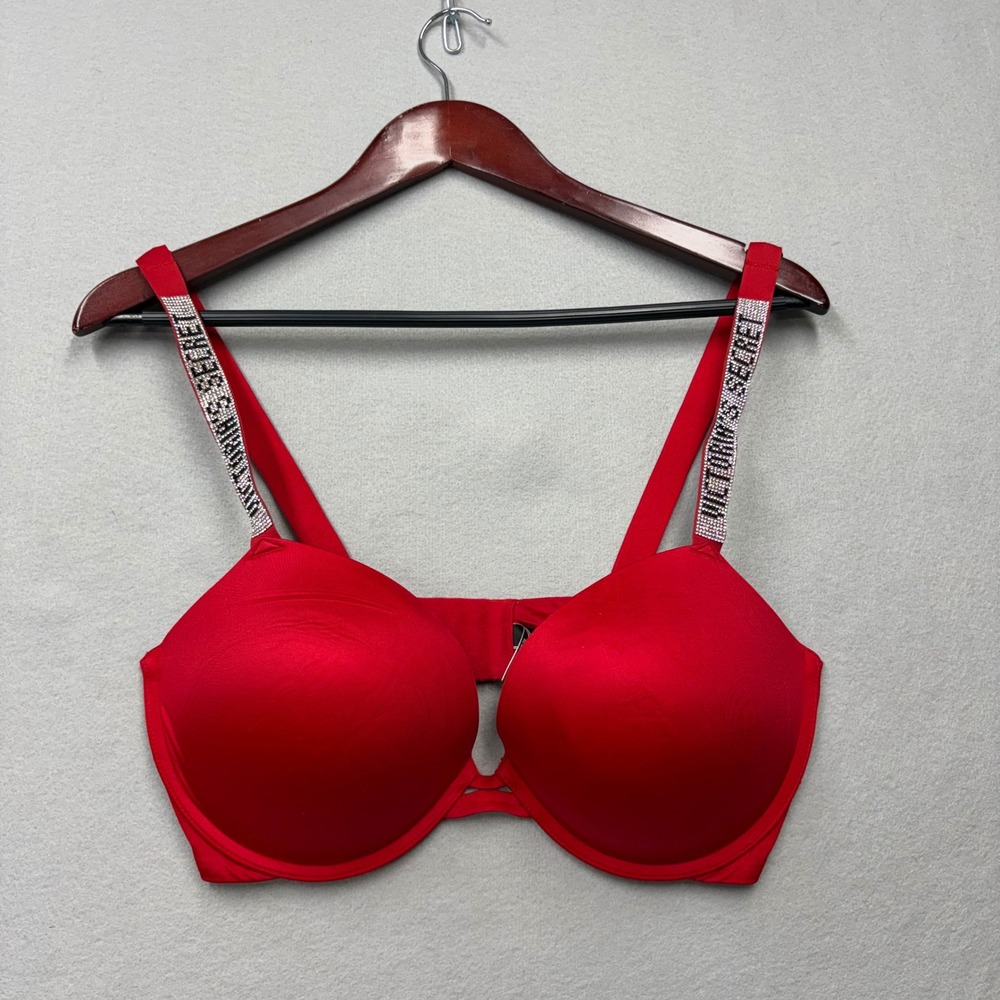 Victoria's Secret Bra Womens 36DD Red Very Sexy Rhinestone Logo Push Up